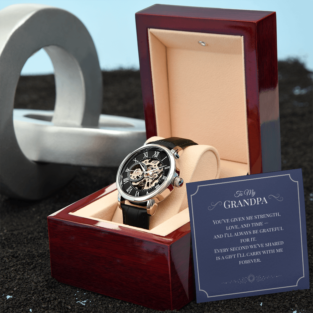Openwork Watch Gift for Grandpa – Elegant Skeleton-Style Timepiece with Heartfelt Message Card | Grandparents Day, Birthday, or Retirement Gift