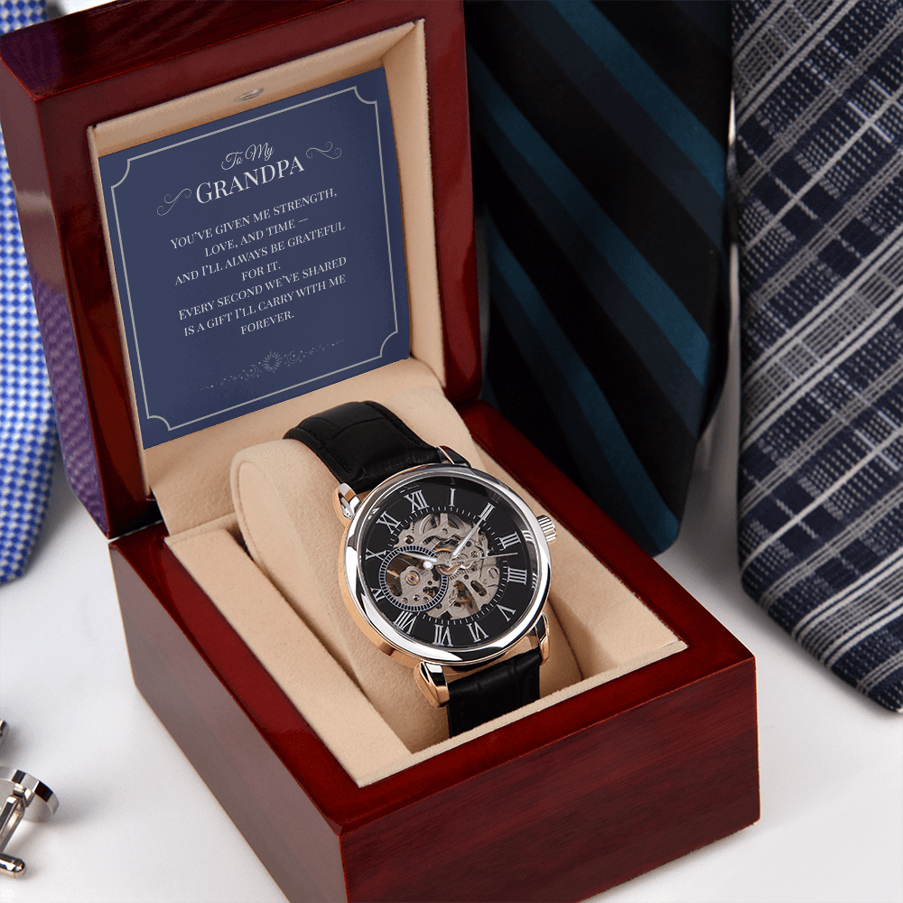 Openwork Watch Gift for Grandpa – Elegant Skeleton-Style Timepiece with Heartfelt Message Card | Grandparents Day, Birthday, or Retirement Gift