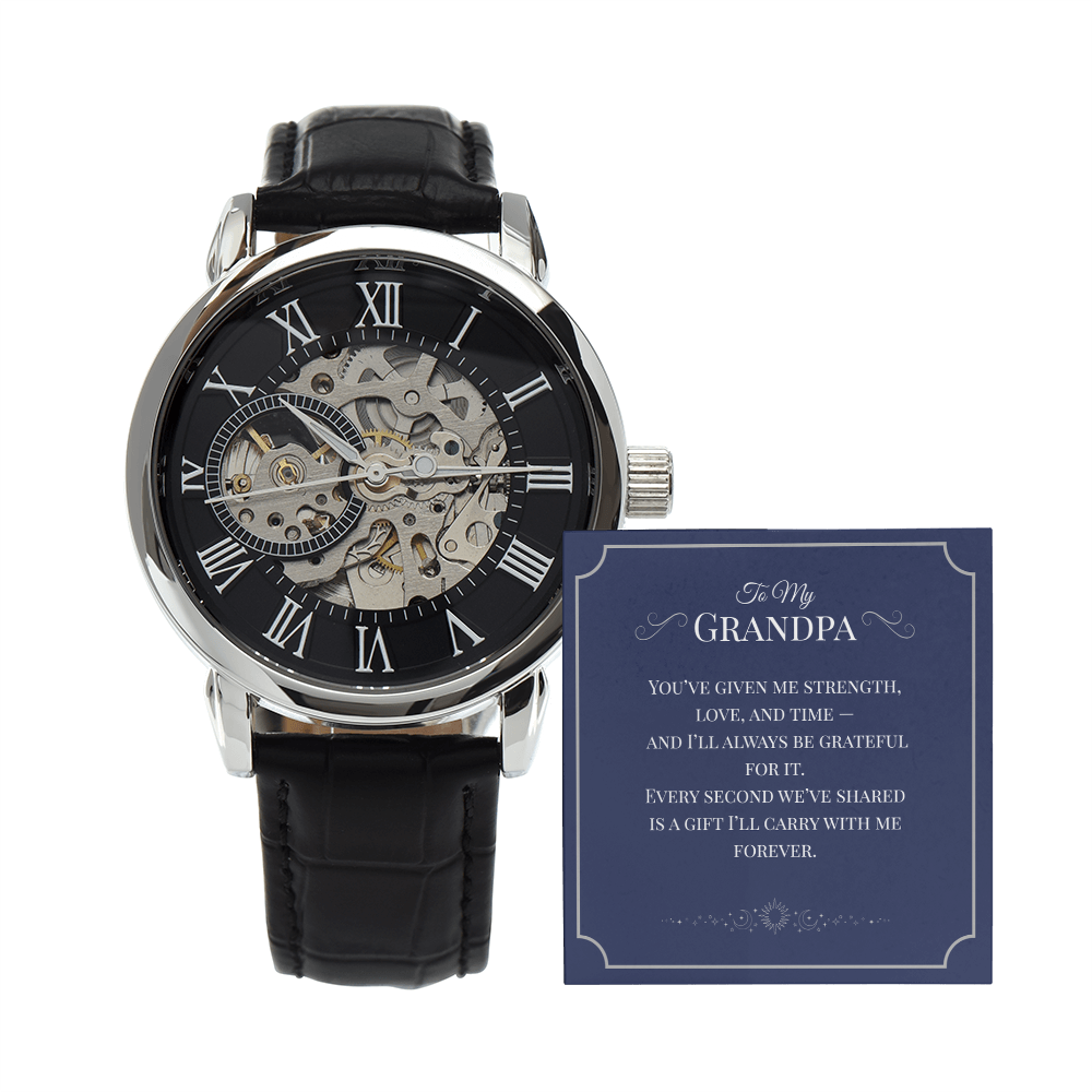 Openwork Watch Gift for Grandpa – Elegant Skeleton-Style Timepiece with Heartfelt Message Card | Grandparents Day, Birthday, or Retirement Gift