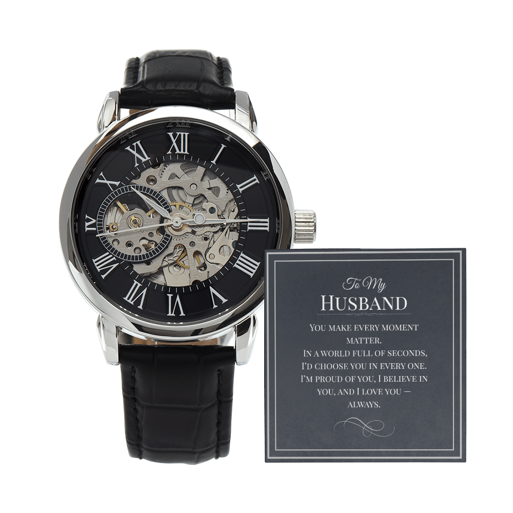 Openwork Watch Gift for Husband – Elegant Skeleton-Style Timepiece with Heartfelt Message Card | Anniversary, Birthday, or Just Because