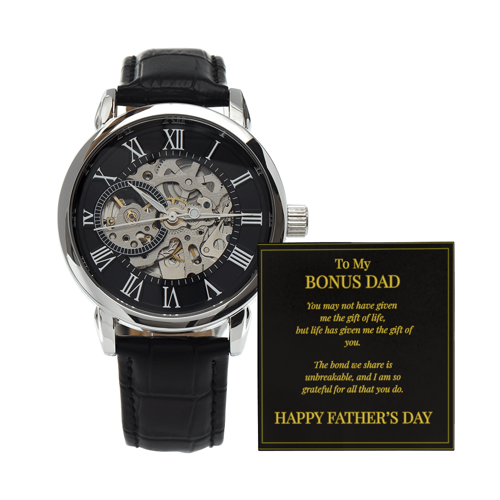 To My Bonus Dad – Openwork Watch with Message Card | Meaningful Father's Day Gift from Stepson or Daughter