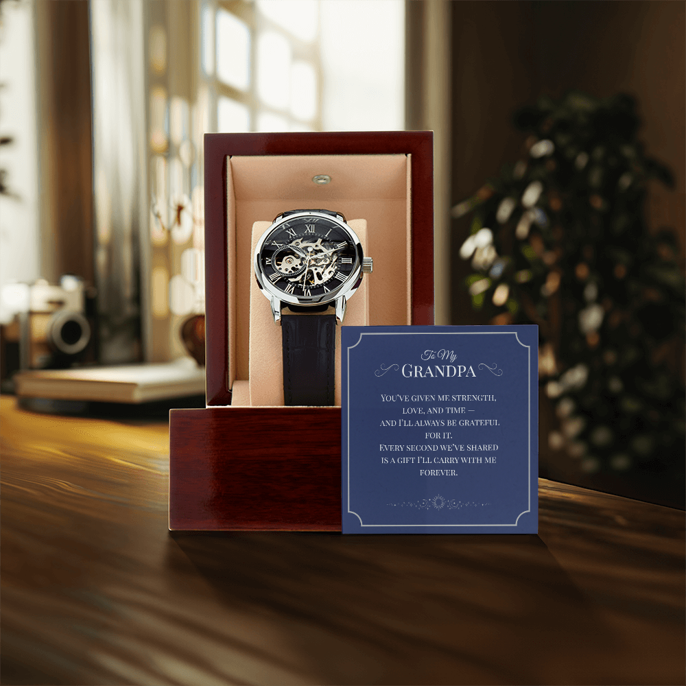 Openwork Watch Gift for Grandpa – Elegant Skeleton-Style Timepiece with Heartfelt Message Card | Grandparents Day, Birthday, or Retirement Gift