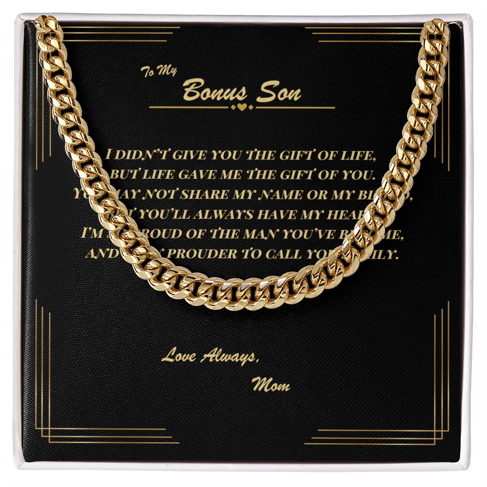 To My Bonus Son – Cuban Link Chain Necklace with Heartfelt Message Card | Gift from Mom