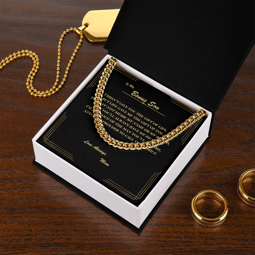 To My Bonus Son – Cuban Link Chain Necklace with Heartfelt Message Card | Gift from Mom