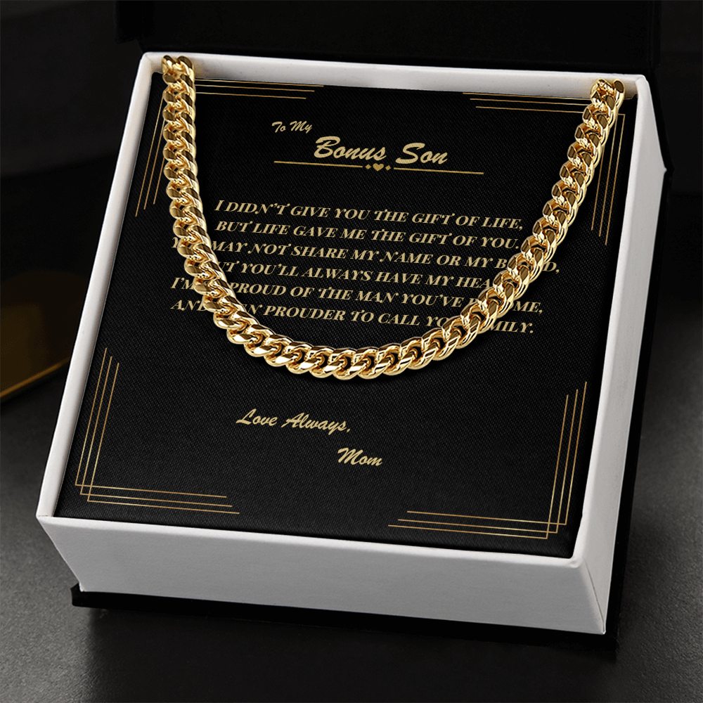 To My Bonus Son – Cuban Link Chain Necklace with Heartfelt Message Card | Gift from Mom