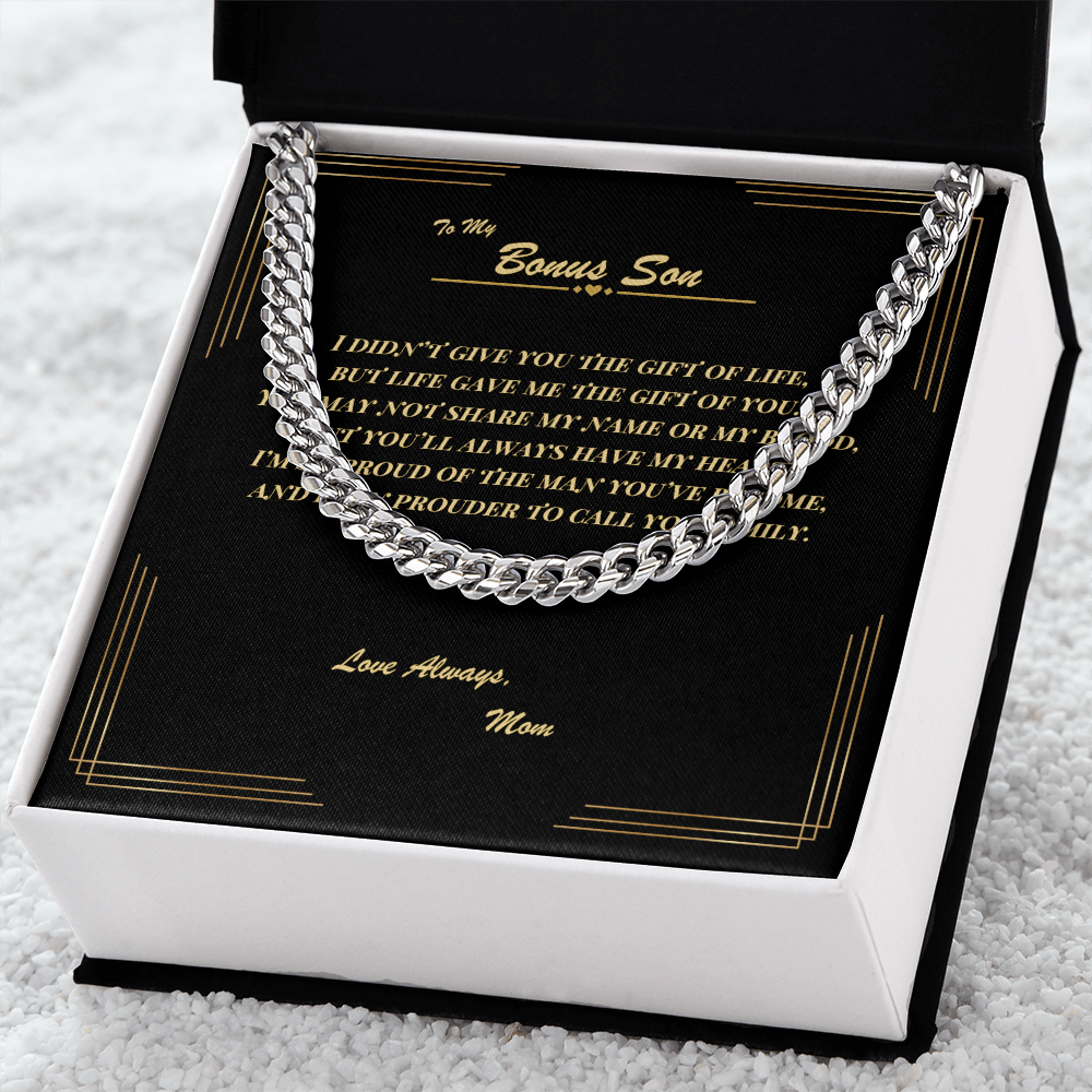 To My Bonus Son – Cuban Link Chain Necklace with Heartfelt Message Card | Gift from Mom