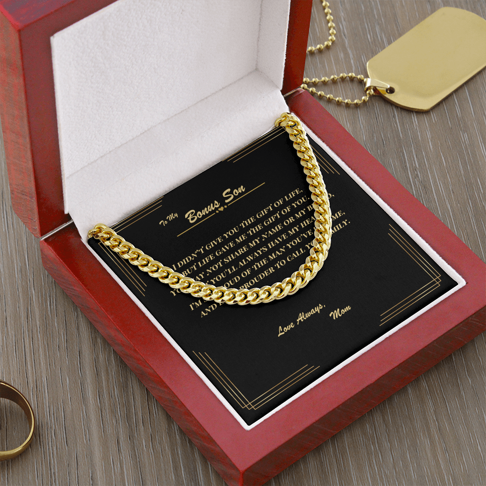 To My Bonus Son – Cuban Link Chain Necklace with Heartfelt Message Card | Gift from Mom