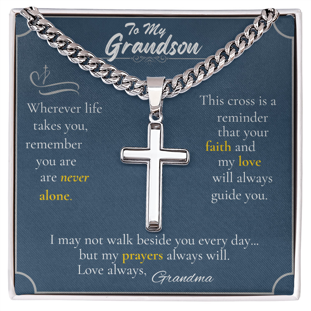 To My Grandson – Christian Cross Necklace with Message from Grandma | Personalized Back Option