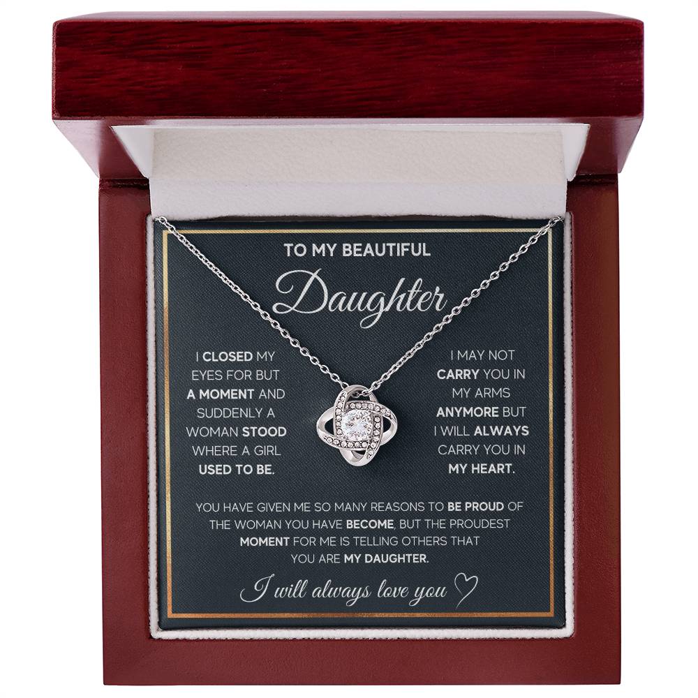 💖 To My Beautiful Daughter – Love Knot Necklace | “I Will Always Carry You in My Heart”