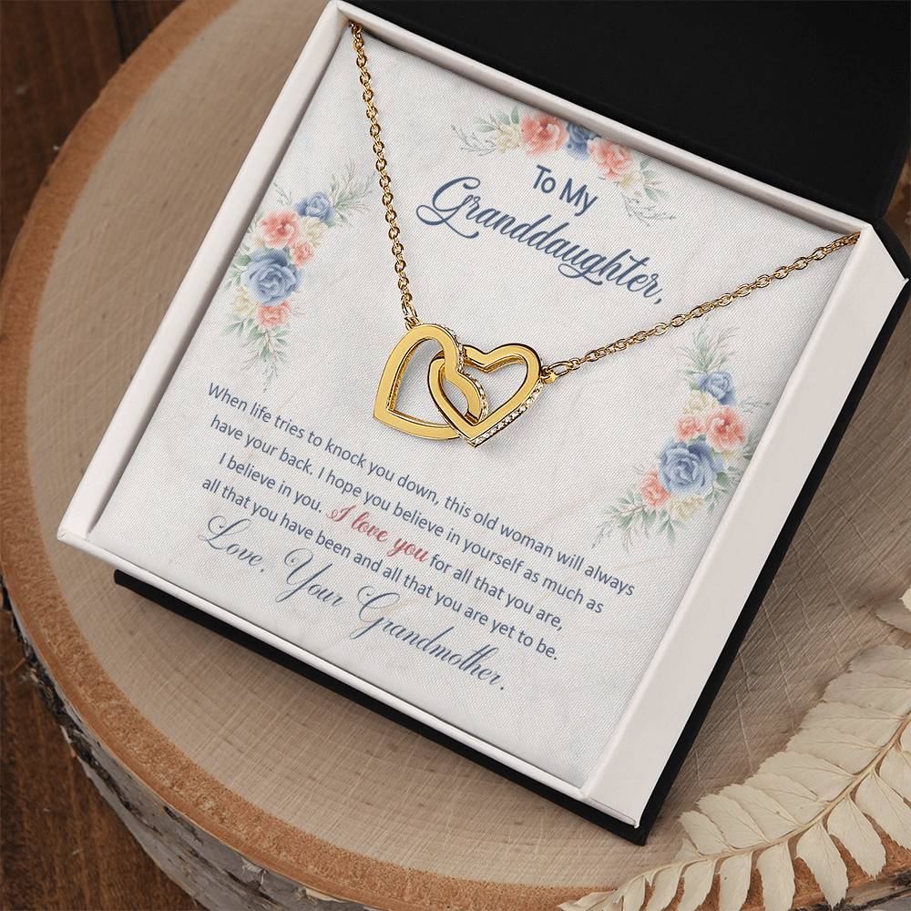 💙 To My Granddaughter – Interlocking Hearts Necklace | “This Old Woman Will Always Have Your Back” Gift from Grandma
