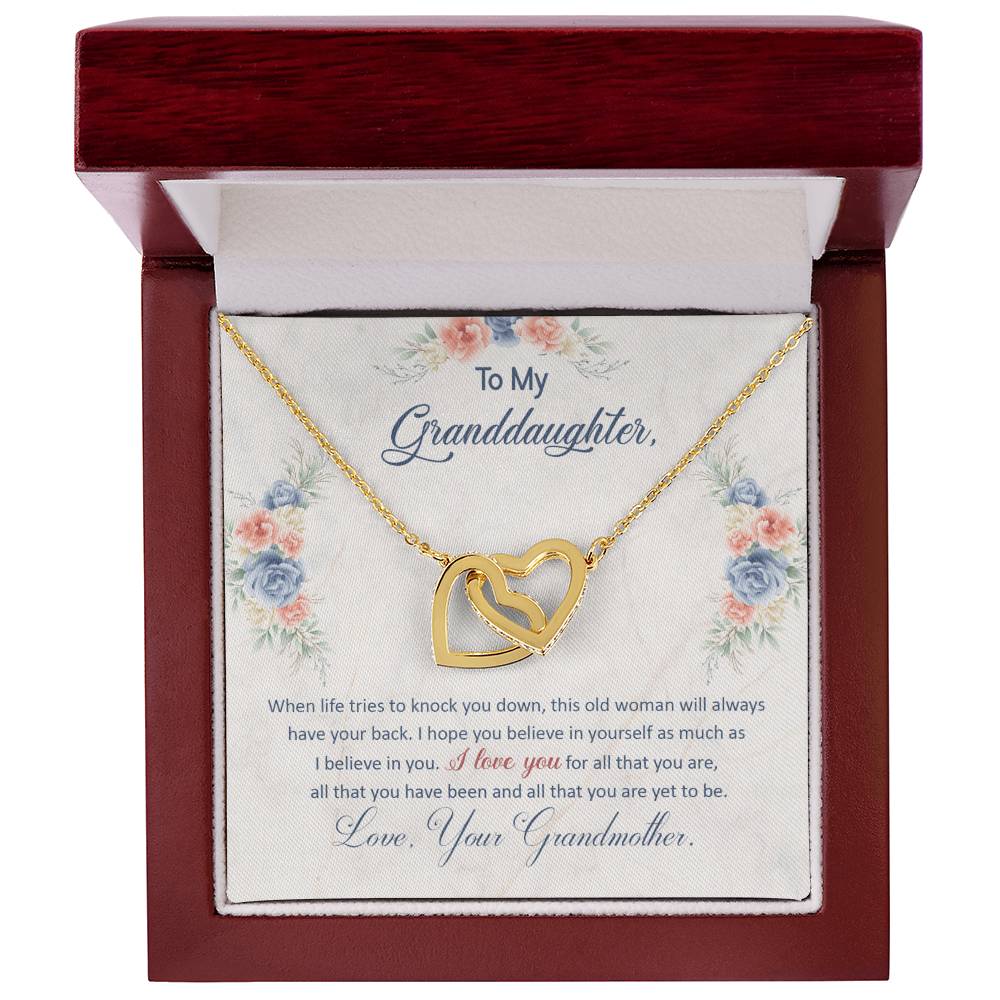 💙 To My Granddaughter – Interlocking Hearts Necklace | “This Old Woman Will Always Have Your Back” Gift from Grandma