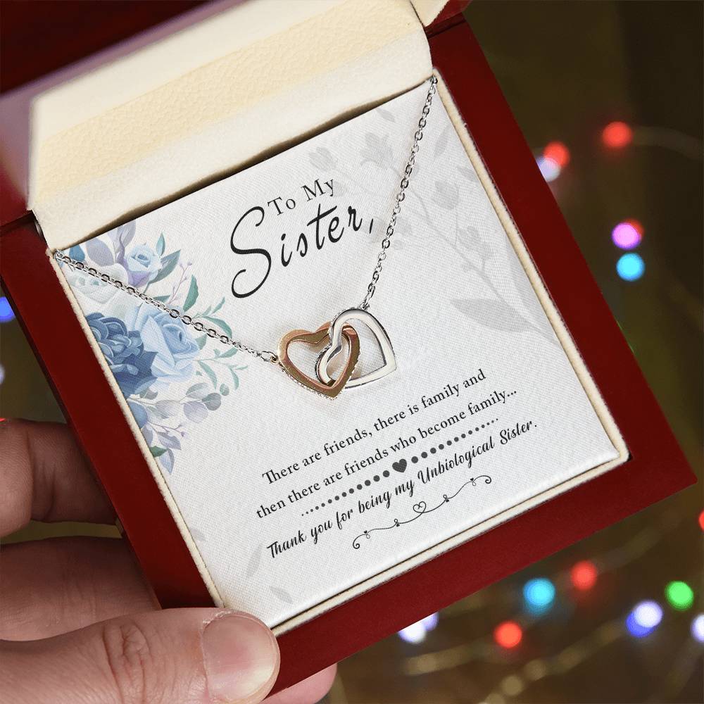 💙 To My Sister – Interlocking Hearts Necklace | “Thank You for Being My Unbiological Sister” Message Card Gift