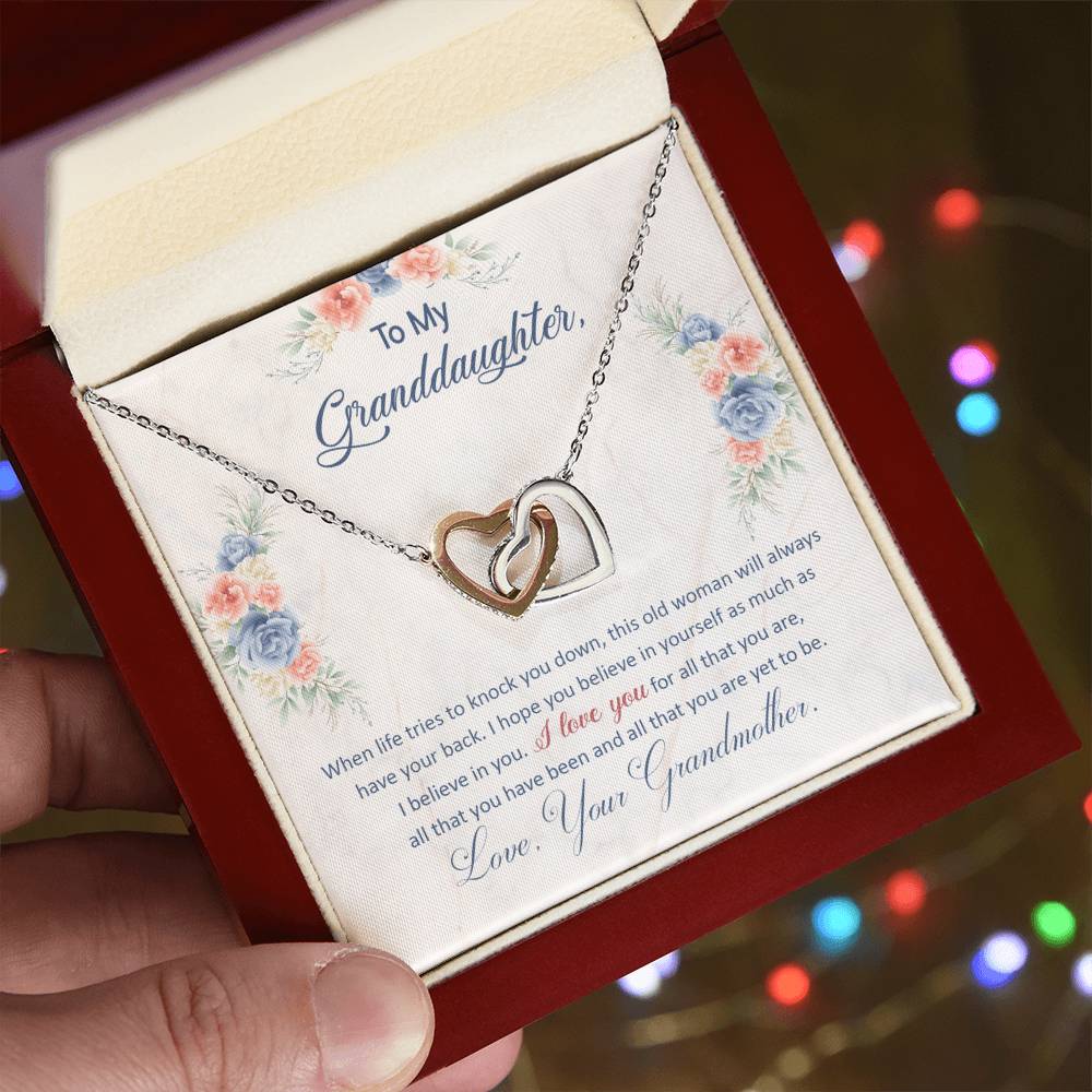 💙 To My Granddaughter – Interlocking Hearts Necklace | “This Old Woman Will Always Have Your Back” Gift from Grandma
