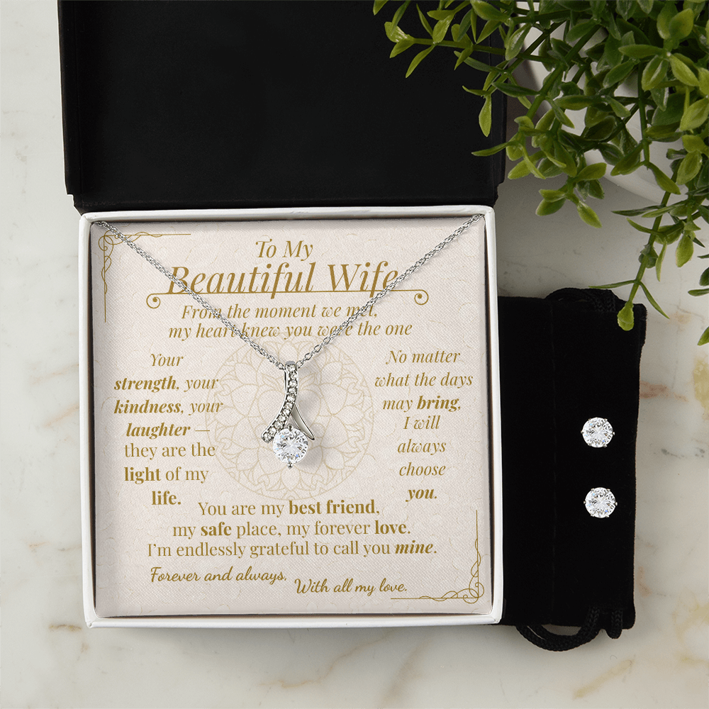 To My Beautiful Wife –  Necklace & Earrings Gift Set | Romantic Jewelry in White Gold with Message Card