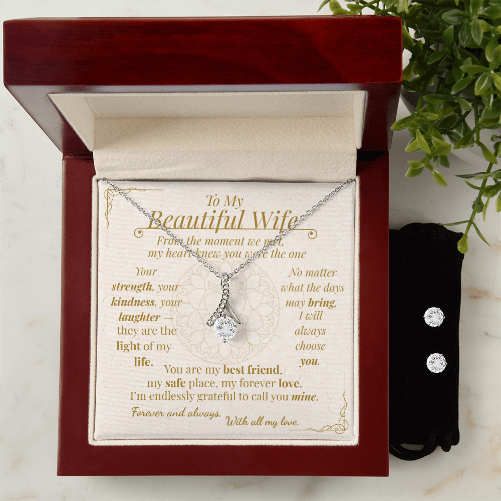 To My Beautiful Wife –  Necklace & Earrings Gift Set | Romantic Jewelry in White Gold with Message Card