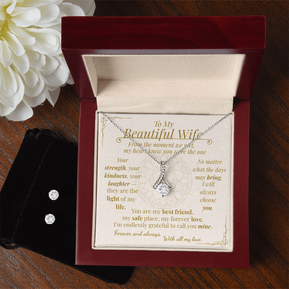 To My Beautiful Wife –  Necklace & Earrings Gift Set | Romantic Jewelry in White Gold with Message Card