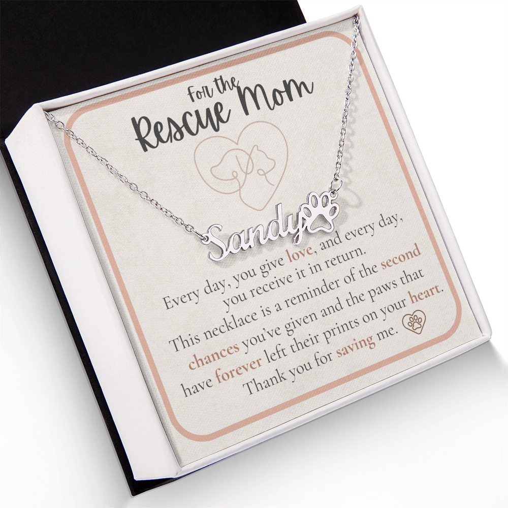 Rescue Mom Paw Custom Name Necklace – Personalized Pet Lover Gift | Made in USA