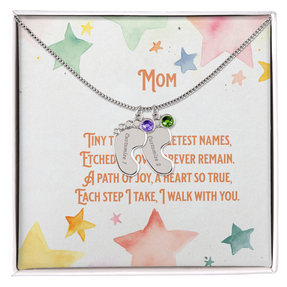 💖 Personalized Baby Feet Necklace – Custom Engraved with Child’s Name & Birthstone | Touching Poem Gift for Mom or Grandma