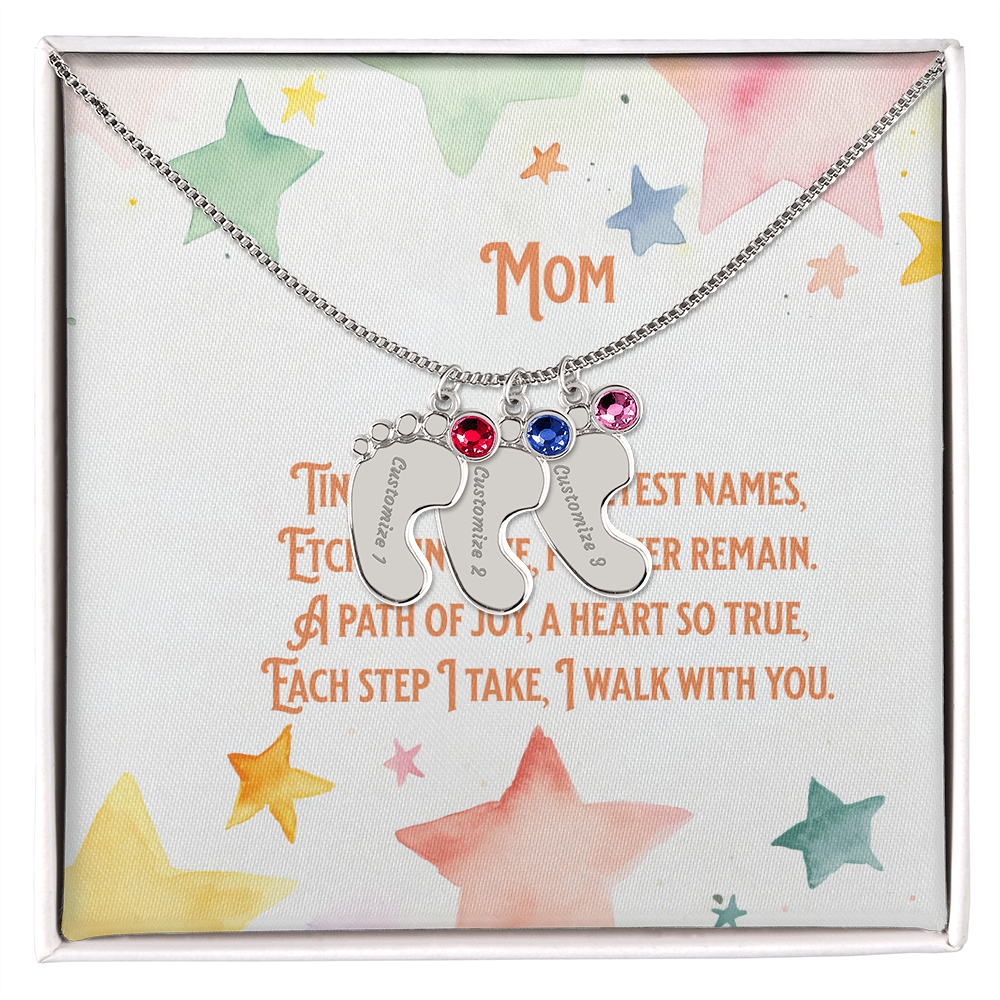 💖 Personalized Baby Feet Necklace – Custom Engraved with Child’s Name & Birthstone | Touching Poem Gift for Mom or Grandma