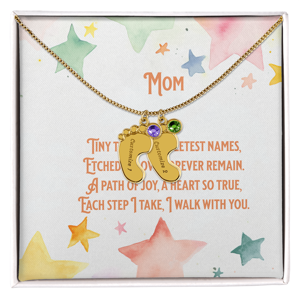 💖 Personalized Baby Feet Necklace – Custom Engraved with Child’s Name & Birthstone | Touching Poem Gift for Mom or Grandma