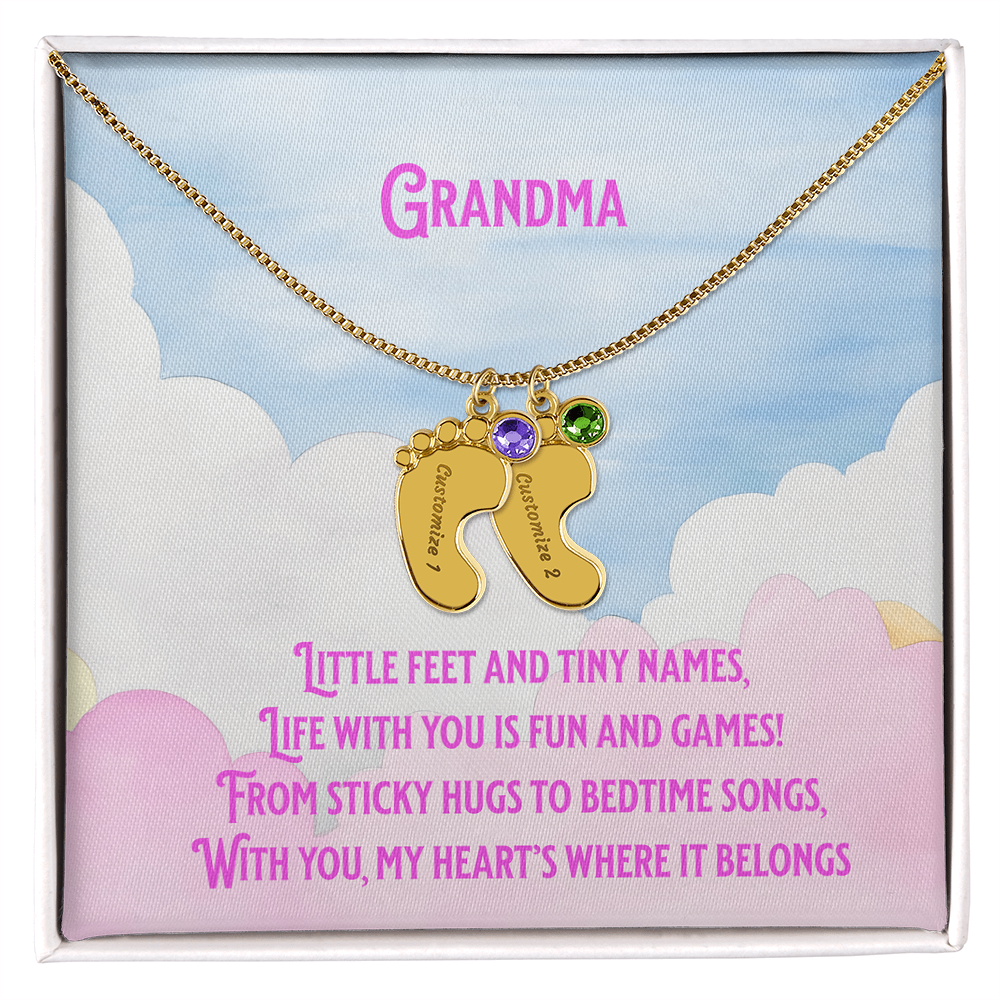 💖 Engraved Grandchildren Name Necklace – Custom Baby Feet Jewelry with Birthstones & Poem | Gift for Grandma