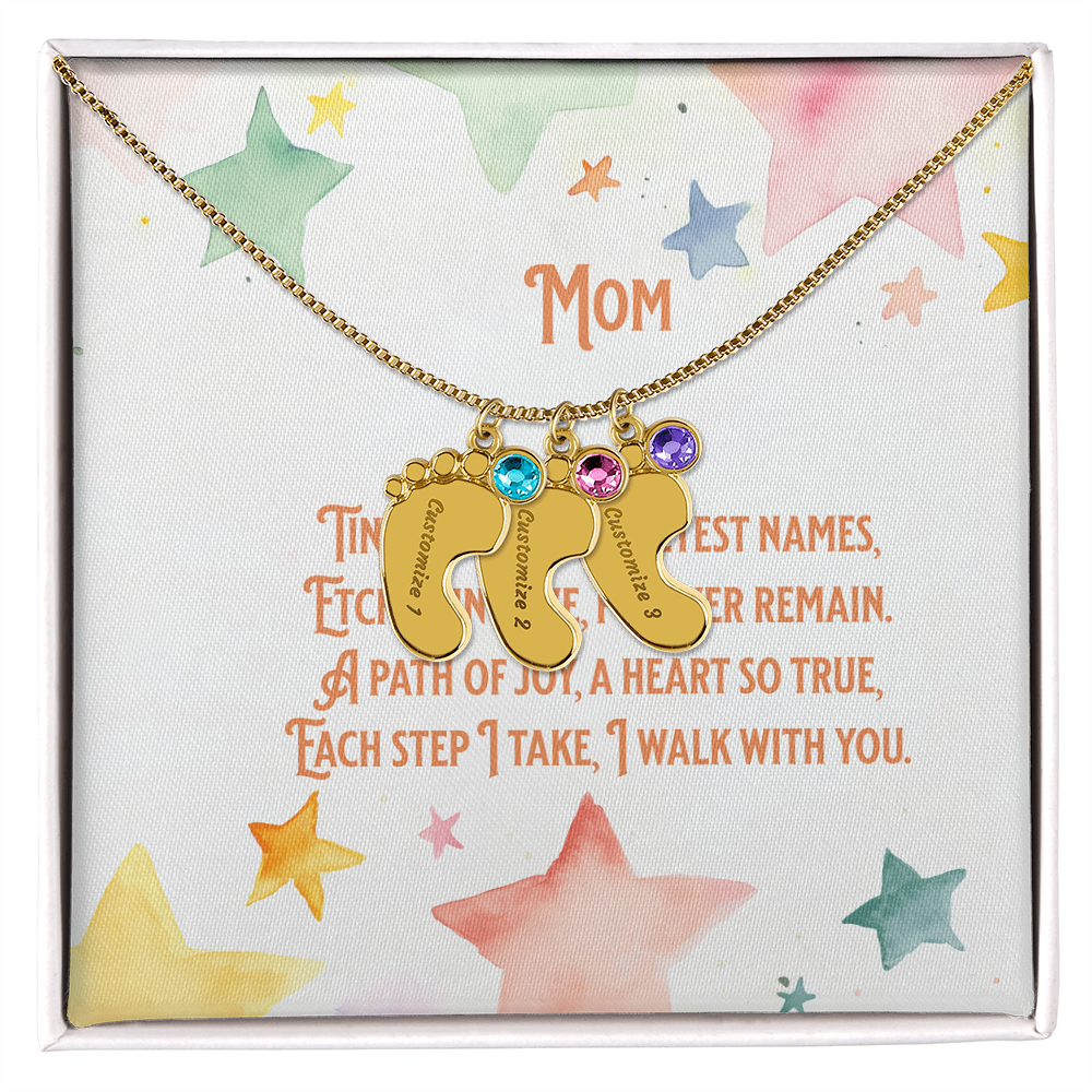 💖 Personalized Baby Feet Necklace – Custom Engraved with Child’s Name & Birthstone | Touching Poem Gift for Mom or Grandma