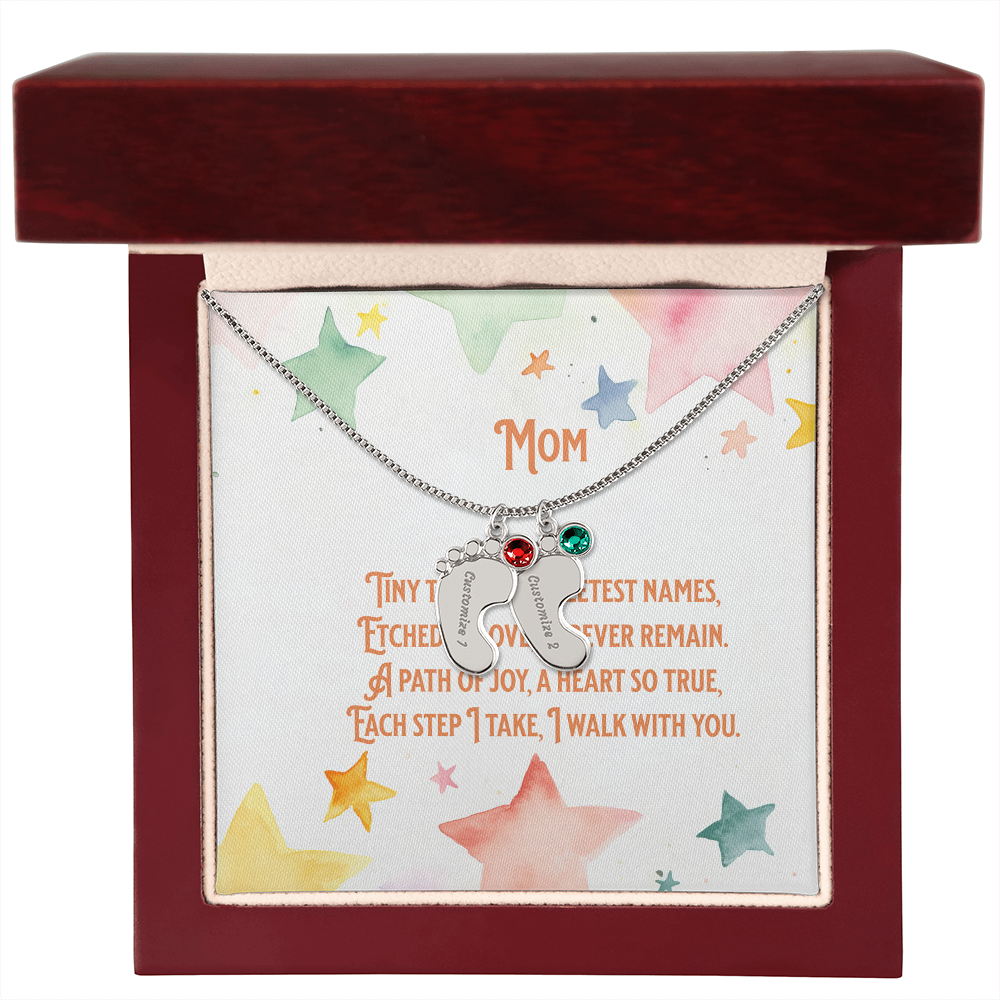 💖 Personalized Baby Feet Necklace – Custom Engraved with Child’s Name & Birthstone | Touching Poem Gift for Mom or Grandma