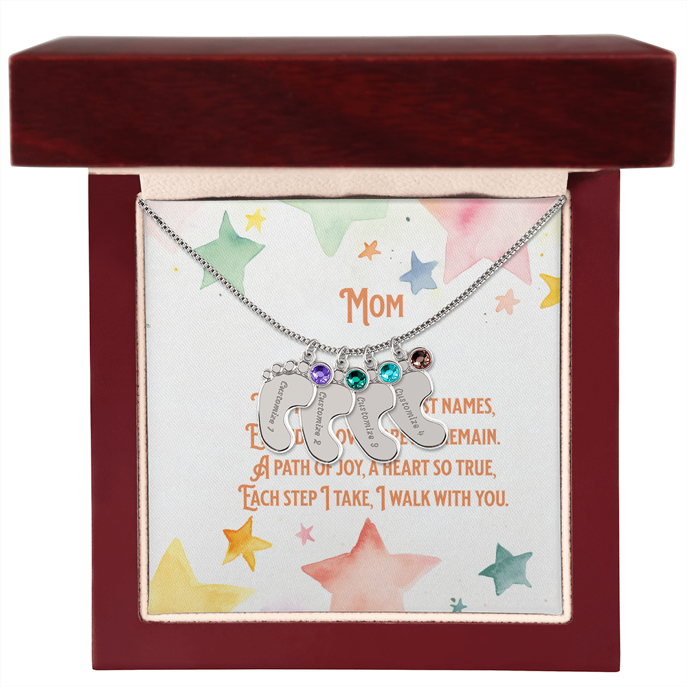 💖 Personalized Baby Feet Necklace – Custom Engraved with Child’s Name & Birthstone | Touching Poem Gift for Mom or Grandma