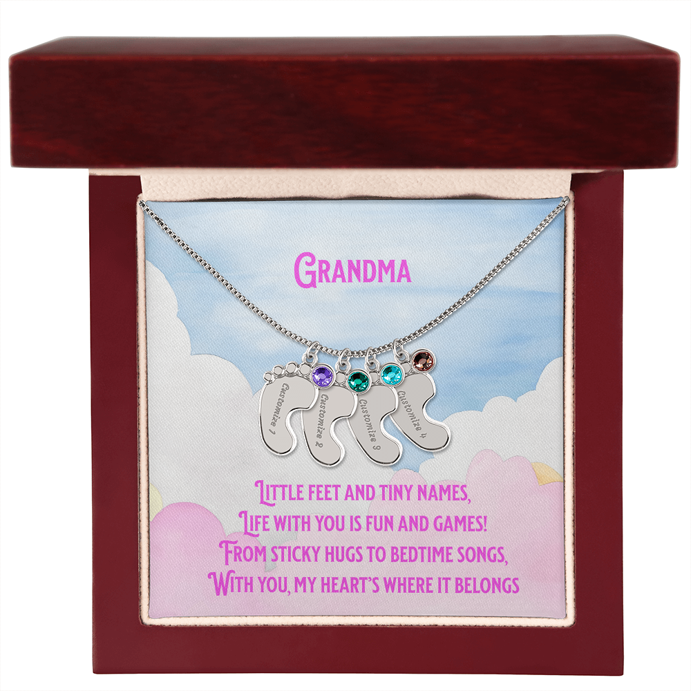 💖 Engraved Grandchildren Name Necklace – Custom Baby Feet Jewelry with Birthstones & Poem | Gift for Grandma
