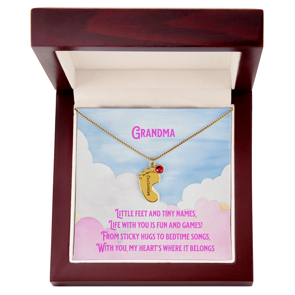 💖 Engraved Grandchildren Name Necklace – Custom Baby Feet Jewelry with Birthstones & Poem | Gift for Grandma