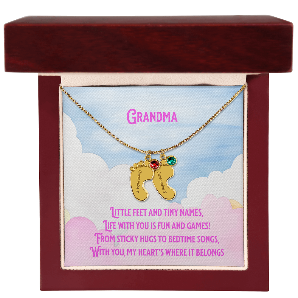 💖 Engraved Grandchildren Name Necklace – Custom Baby Feet Jewelry with Birthstones & Poem | Gift for Grandma
