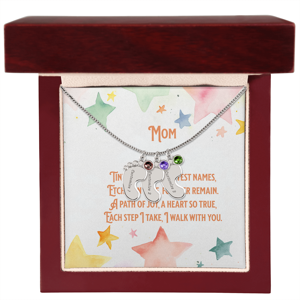 💖 Personalized Baby Feet Necklace – Custom Engraved with Child’s Name & Birthstone | Touching Poem Gift for Mom or Grandma