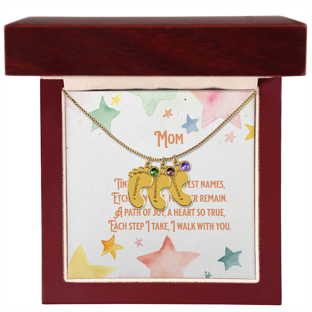 💖 Personalized Baby Feet Necklace – Custom Engraved with Child’s Name & Birthstone | Touching Poem Gift for Mom or Grandma