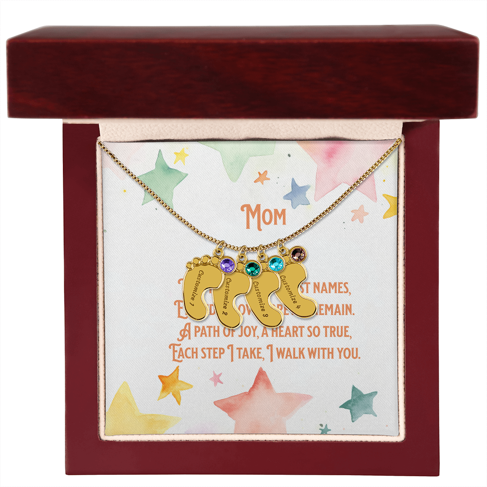 💖 Personalized Baby Feet Necklace – Custom Engraved with Child’s Name & Birthstone | Touching Poem Gift for Mom or Grandma