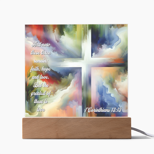 Faith, Hope & Love Acrylic Plaque with LED Base – Inspirational Christian Gift with 1 Corinthians 13:13 Verse