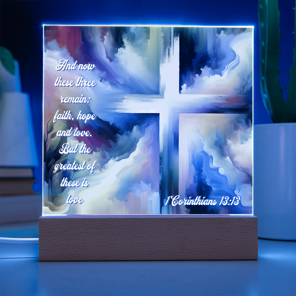 Faith, Hope & Love Acrylic Plaque with LED Base – Inspirational Christian Gift with 1 Corinthians 13:13 Verse
