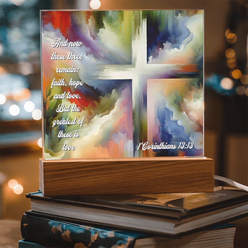 Faith, Hope & Love Acrylic Plaque with LED Base – Inspirational Christian Gift with 1 Corinthians 13:13 Verse