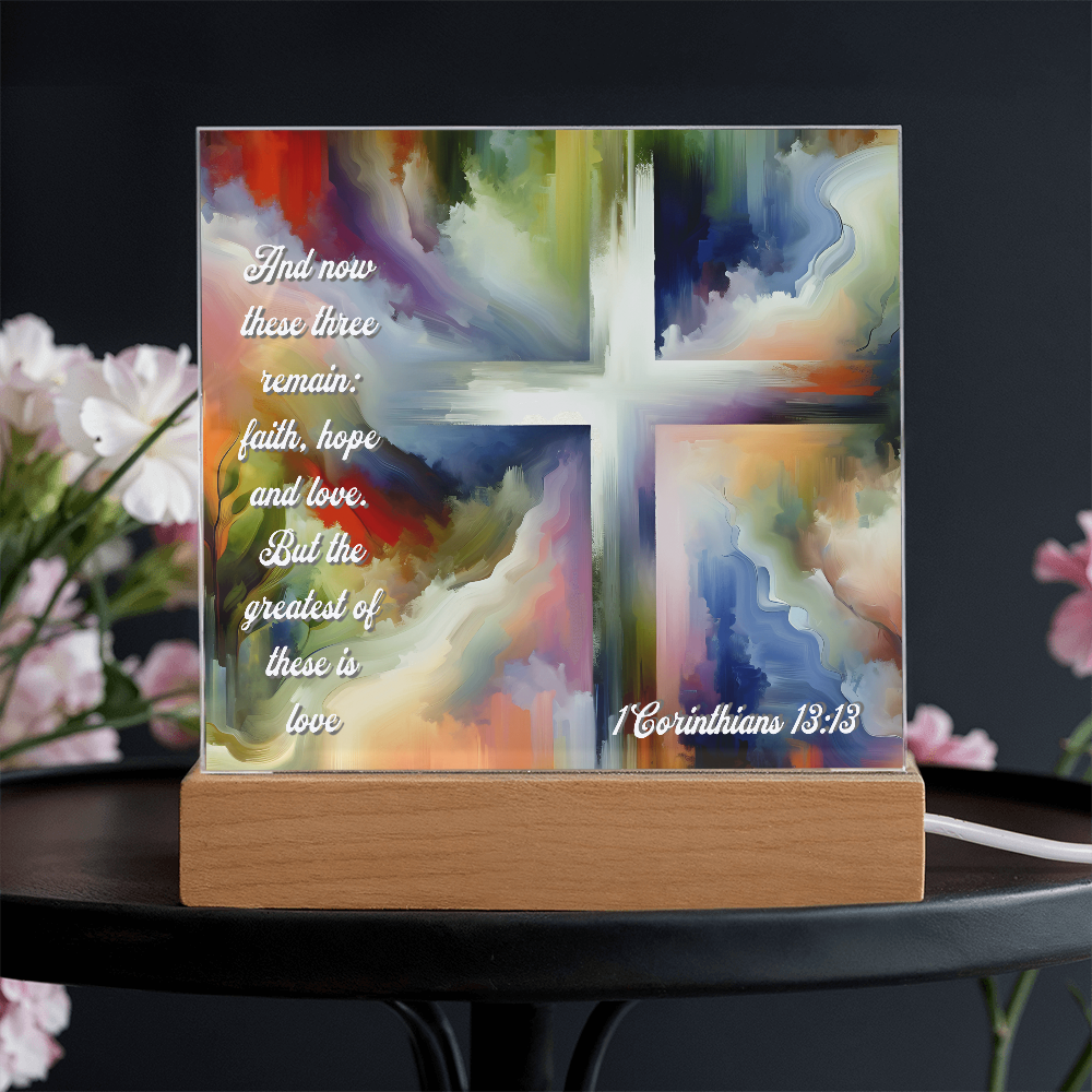 Faith, Hope & Love Acrylic Plaque with LED Base – Inspirational Christian Gift with 1 Corinthians 13:13 Verse