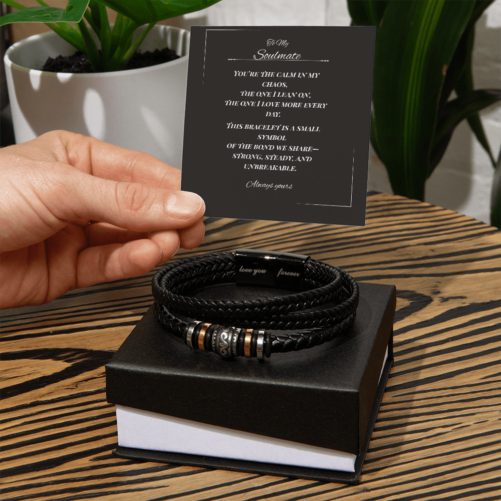 To My Soulmate – Men's Leather Bracelet with Gift Message | Romantic Gift for Him