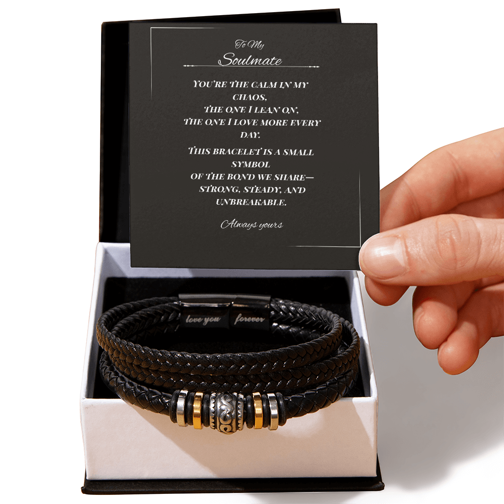 To My Soulmate – Men's Leather Bracelet with Gift Message | Romantic Gift for Him