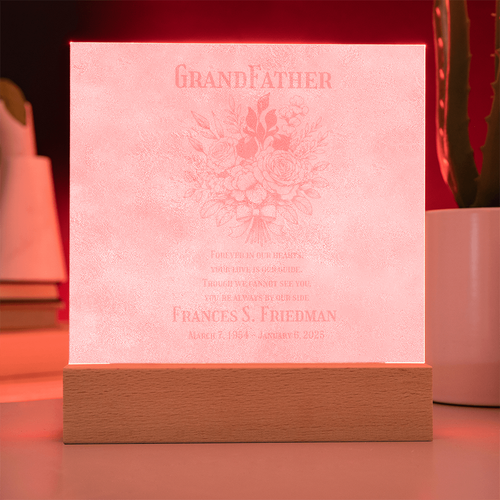 🌸 Personalized Memorial Light – Floral Engraved Acrylic Plaque | Custom LED Tribute for Loved Ones