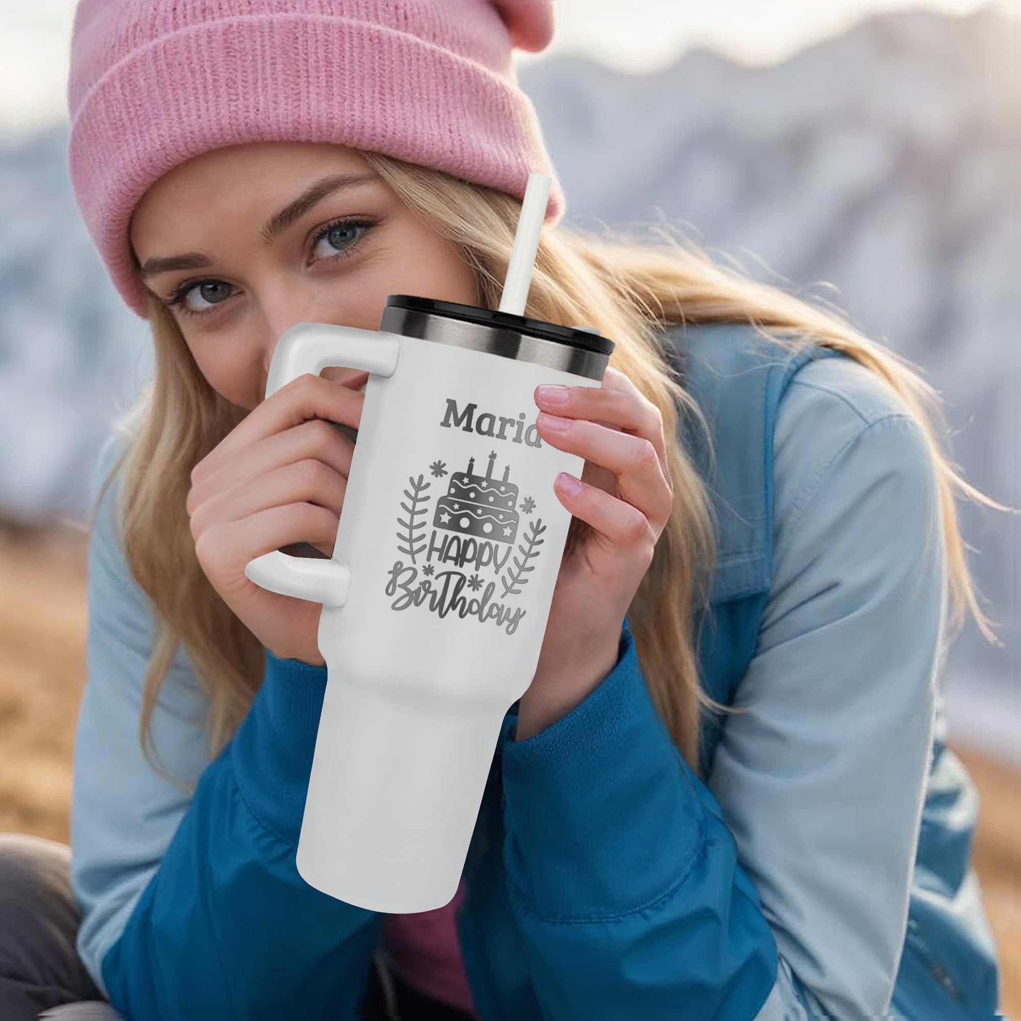 Personalized Birthday 40 oz Tumbler with Handle – Custom Name Engraved Gift for Her or Him