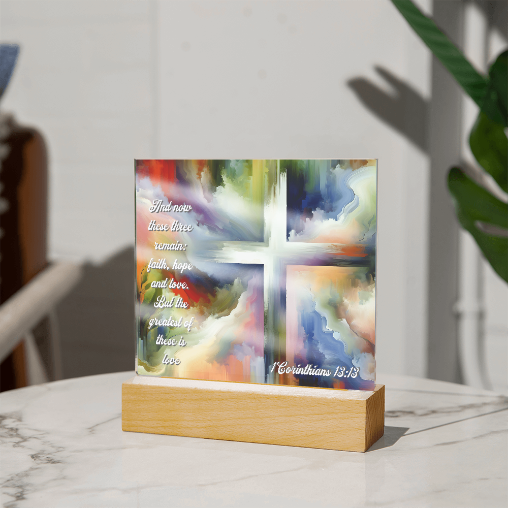 Faith, Hope & Love Acrylic Plaque with LED Base – Inspirational Christian Gift with 1 Corinthians 13:13 Verse