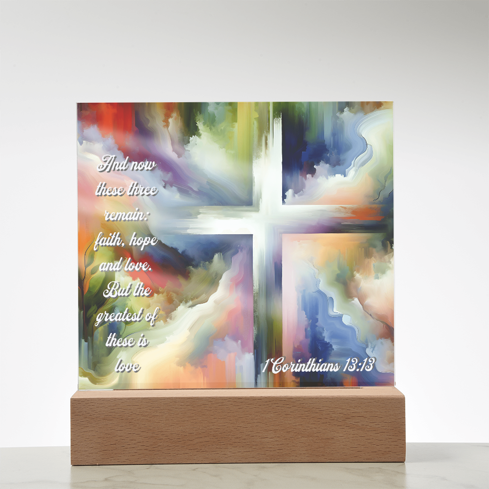 Faith, Hope & Love Acrylic Plaque with LED Base – Inspirational Christian Gift with 1 Corinthians 13:13 Verse