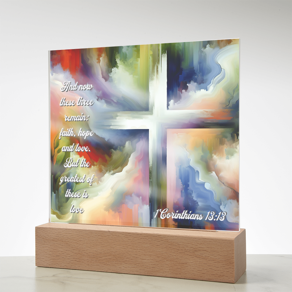 Faith, Hope & Love Acrylic Plaque with LED Base – Inspirational Christian Gift with 1 Corinthians 13:13 Verse