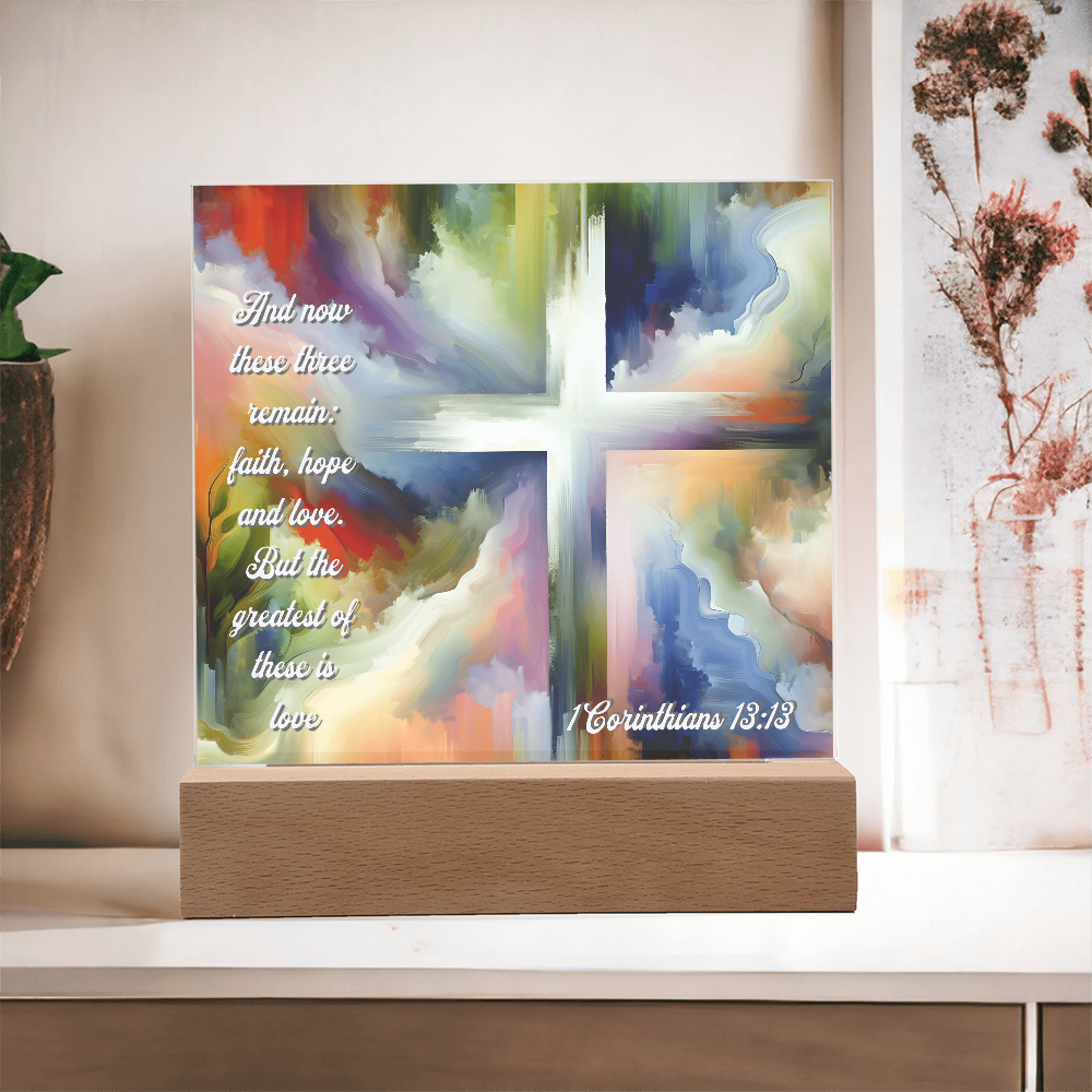 Faith, Hope & Love Acrylic Plaque with LED Base – Inspirational Christian Gift with 1 Corinthians 13:13 Verse