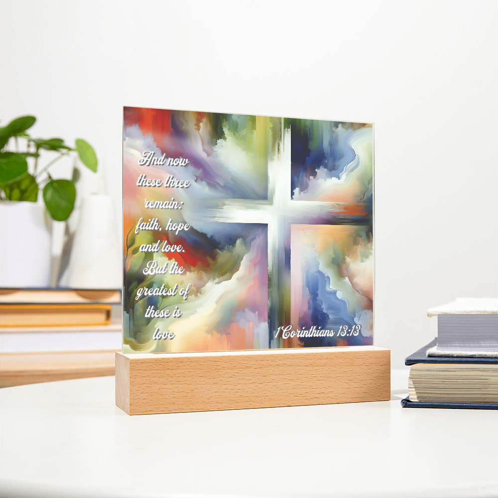 Faith, Hope & Love Acrylic Plaque with LED Base – Inspirational Christian Gift with 1 Corinthians 13:13 Verse