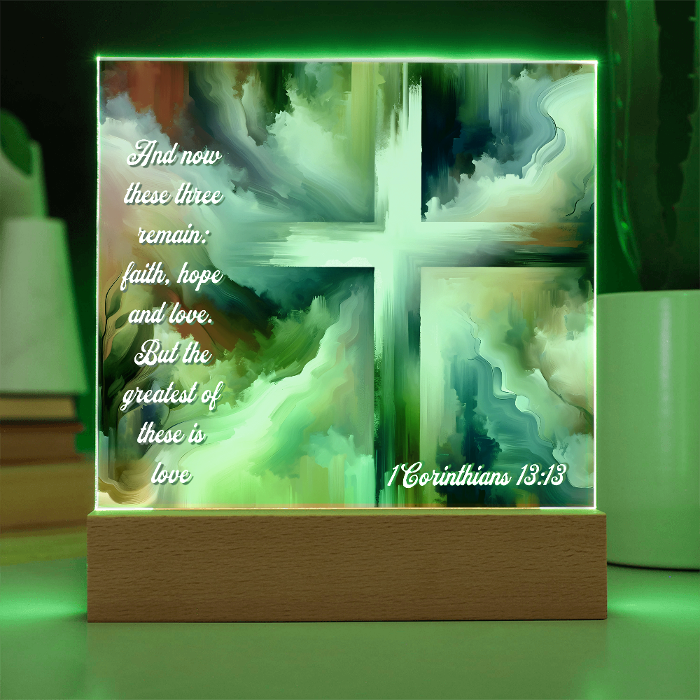 Faith, Hope & Love Acrylic Plaque with LED Base – Inspirational Christian Gift with 1 Corinthians 13:13 Verse