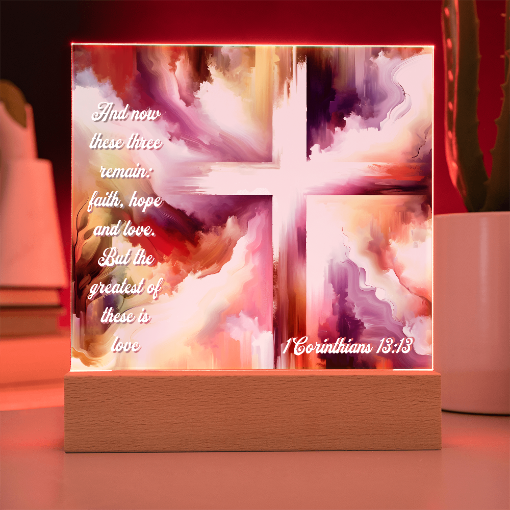 Faith, Hope & Love Acrylic Plaque with LED Base – Inspirational Christian Gift with 1 Corinthians 13:13 Verse