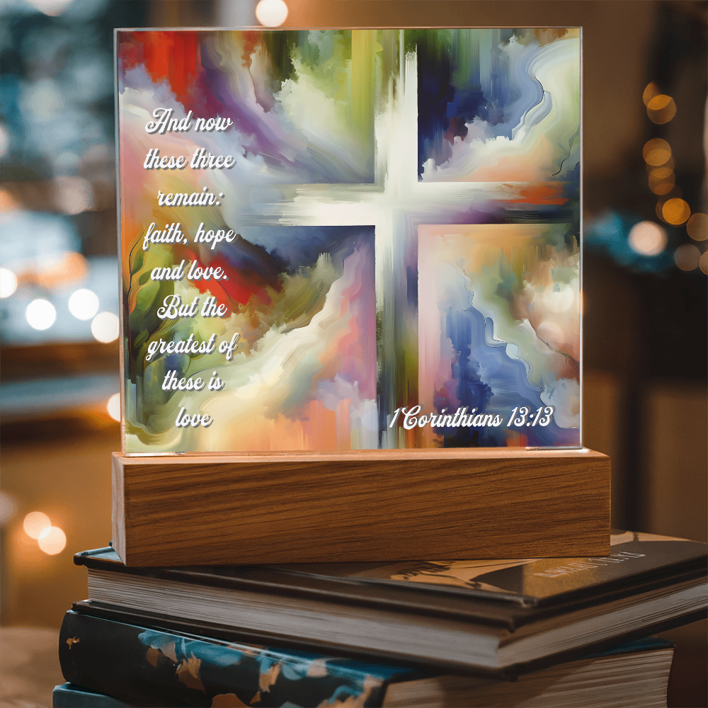 Faith, Hope & Love Acrylic Plaque with LED Base – Inspirational Christian Gift with 1 Corinthians 13:13 Verse